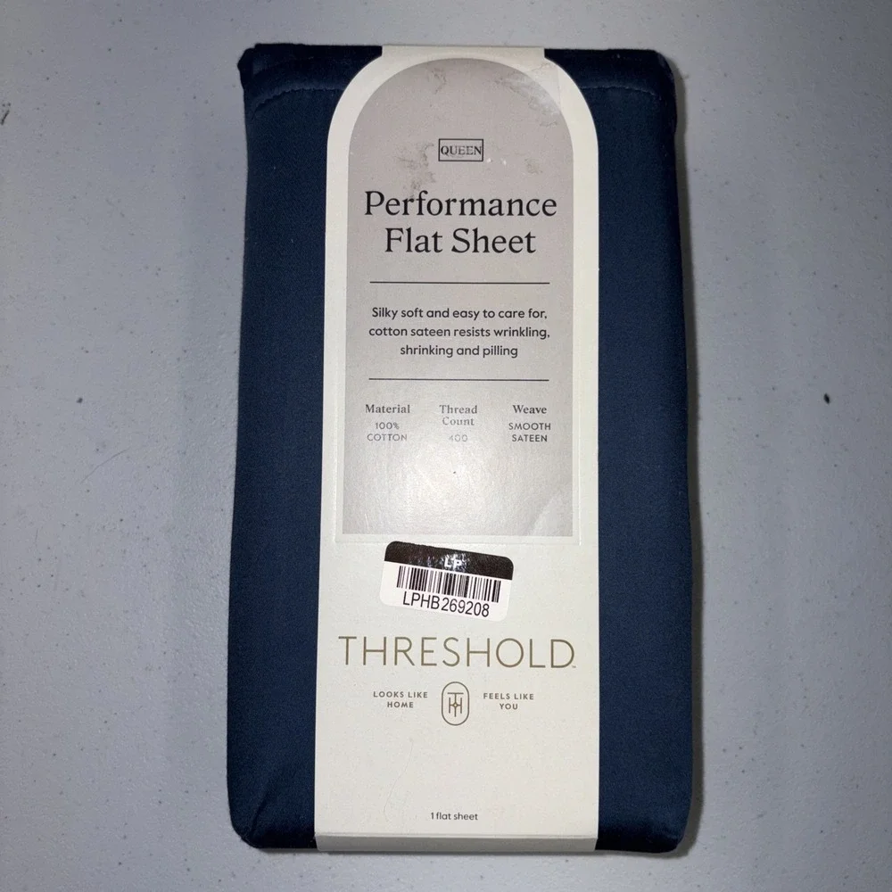 Threshold Performance 100% Cotton Sateen QUEEN Flat Sheet Blue 400 TC Smooth